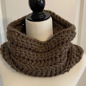 Handmade Chunky Knit Brown Infinity Scarf with Silver Accent Threading